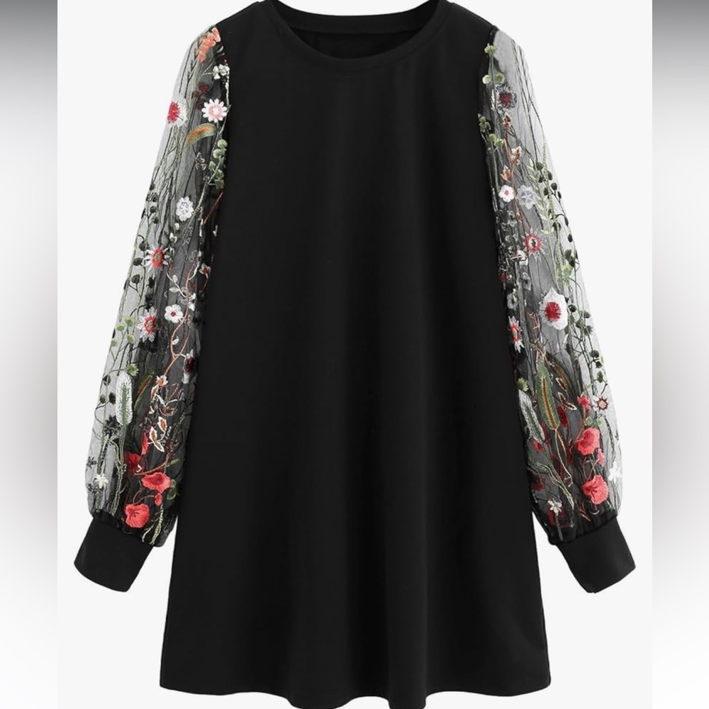 Tunic dress with mesh sleeves and floral embroidered sleeve details